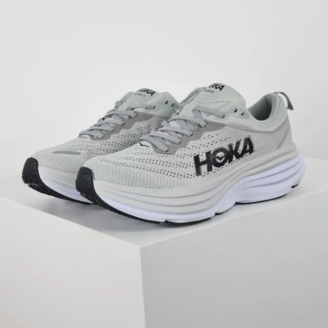 Hoka Gray White Engineered Mesh Upper Stacked Cushioned Midsole Running Shoes 2