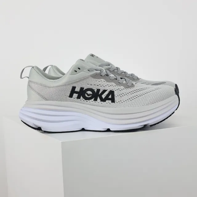 Hoka Gray White Engineered Mesh Upper Stacked Cushioned Midsole Running Shoes 3