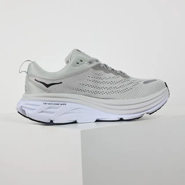 Hoka Gray White Engineered Mesh Upper Stacked Cushioned Midsole Running Shoes 7