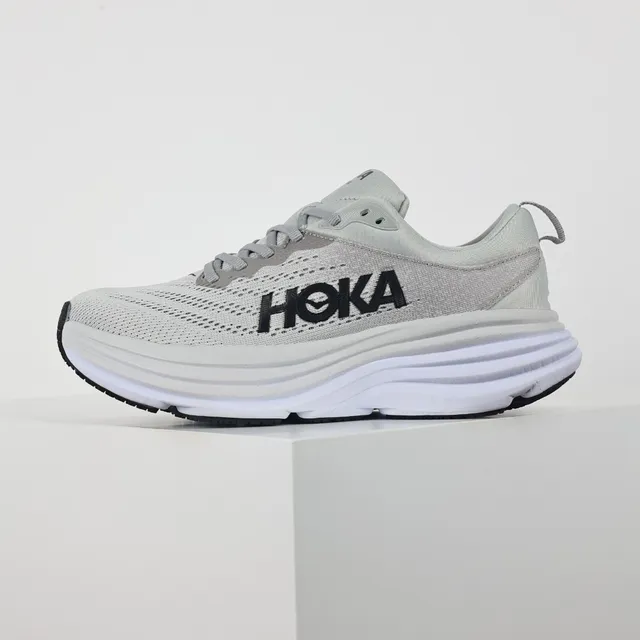Hoka Gray White Engineered Mesh Upper Stacked Cushioned Midsole Running Shoes 9