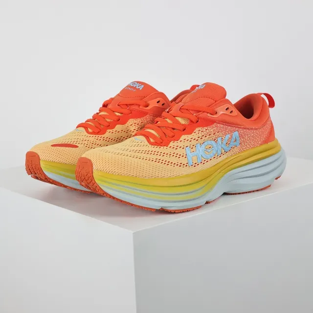 Hoka Laranja Amarelo Malha Engineered Superior Amortecimento Multicamadas Solado Intermediário Tênis de Corrida 2