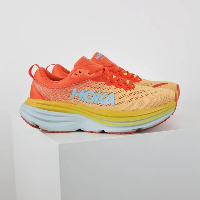 Hoka Laranja Amarelo Malha Engineered Superior Amortecimento Multicamadas Solado Intermediário Tênis de Corrida 3
