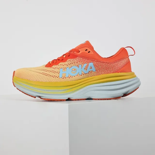 Hoka Laranja Amarelo Malha Engineered Superior Amortecimento Multicamadas Solado Intermediário Tênis de Corrida 9
