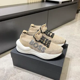 Hugo Boss Beige Black Knit Sock-Fit Upper Sculpted White Sole Chunky Sneakers