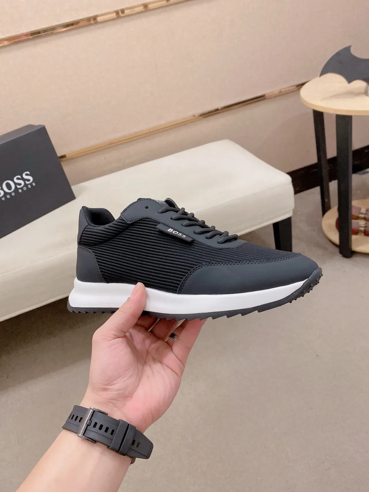 Hugo Boss Noir Blanc Textile Ribbelé Supérieur Contraste Mésoule Lifestyle Sneakers 5