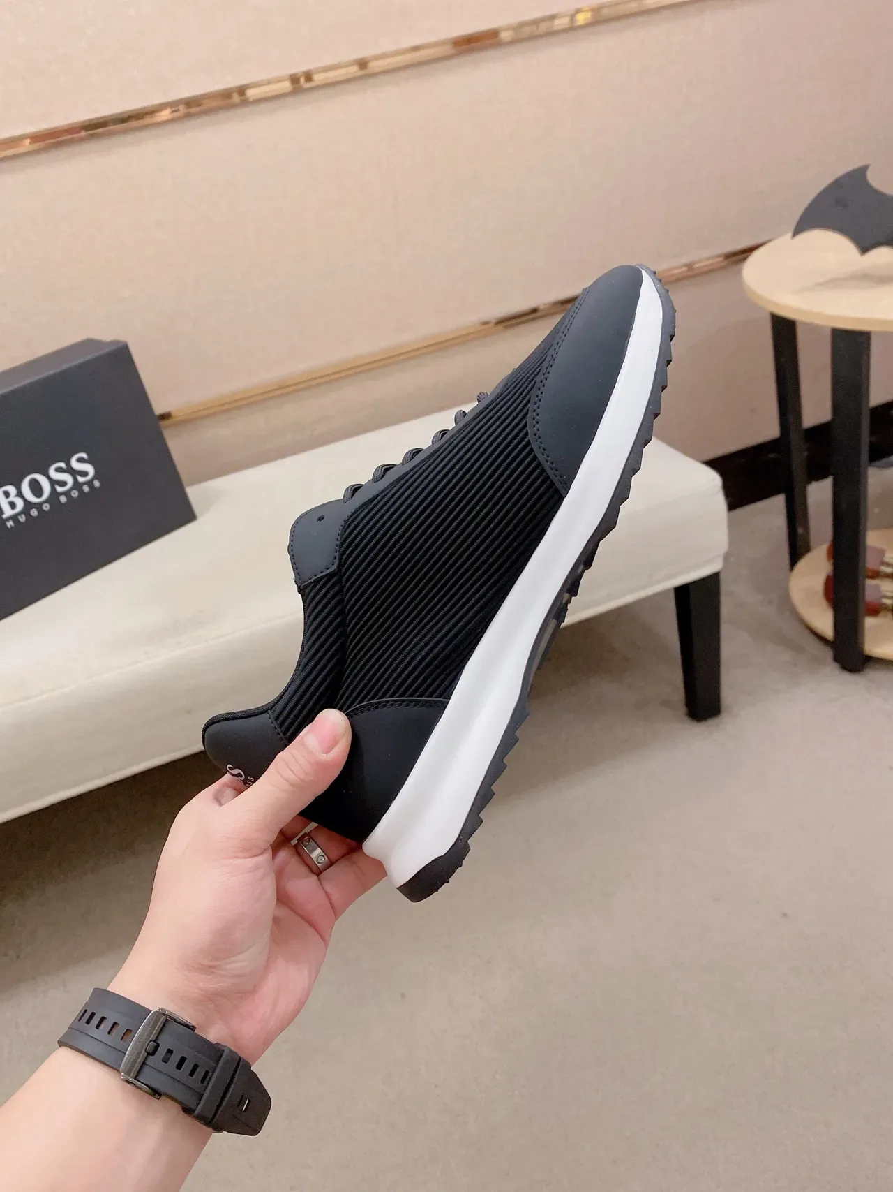 Hugo Boss Noir Blanc Textile Ribbelé Supérieur Contraste Mésoule Lifestyle Sneakers 6