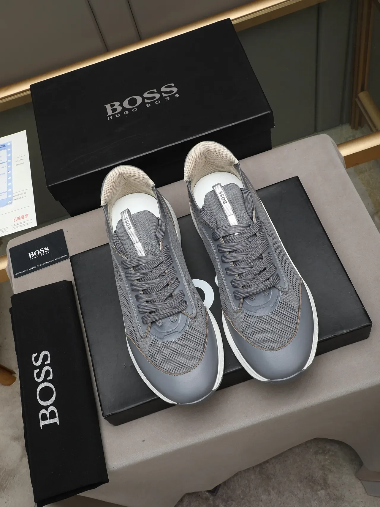 Hugo Boss Gray Knit-Mesh Leather Platform Sneaker 2