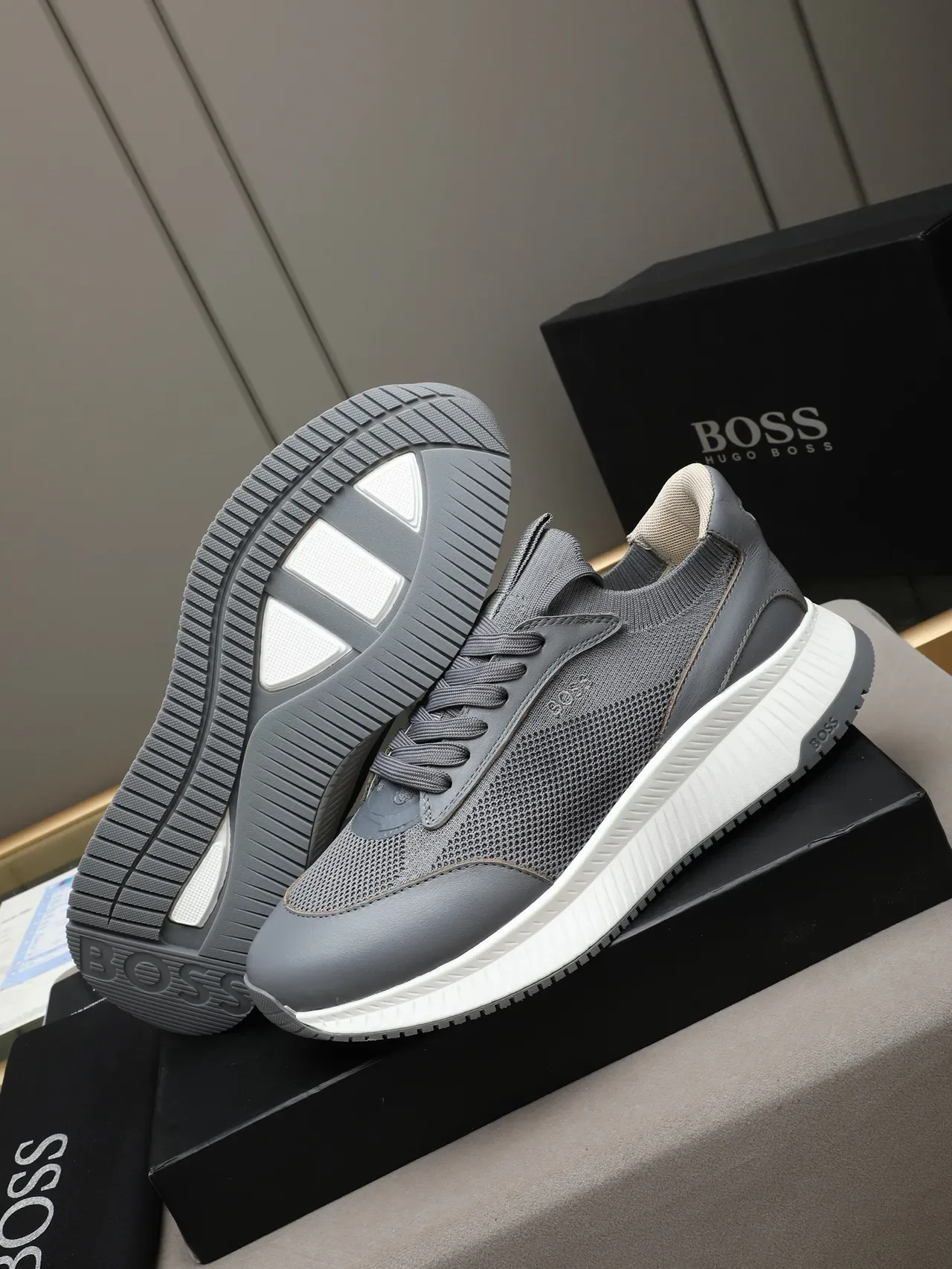 Hugo Boss Gray Knit-Mesh Leather Platform Sneaker 4