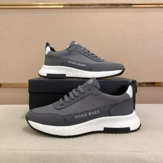 Hugo Boss Gray White الجزء العلوي شبكة وصناعي وسادة متوسطة منحوتة حذاء رياضي نمط حياة