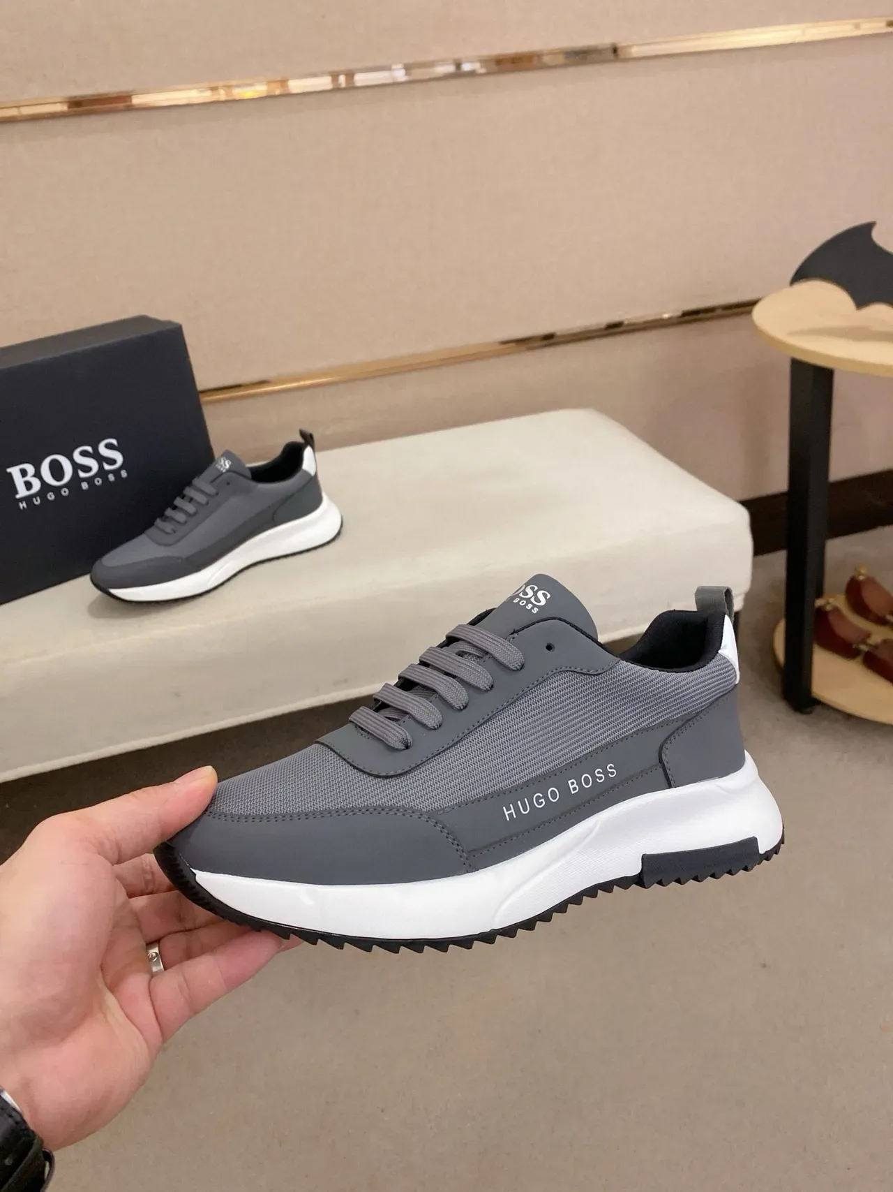 Hugo Boss Gray White parte superior de malha e sintético sola esculpida tênis lifestyle 3