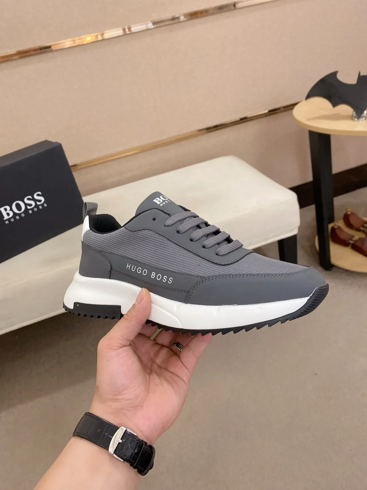 Hugo Boss Gray White parte superior de malha e sintético sola esculpida tênis lifestyle 4