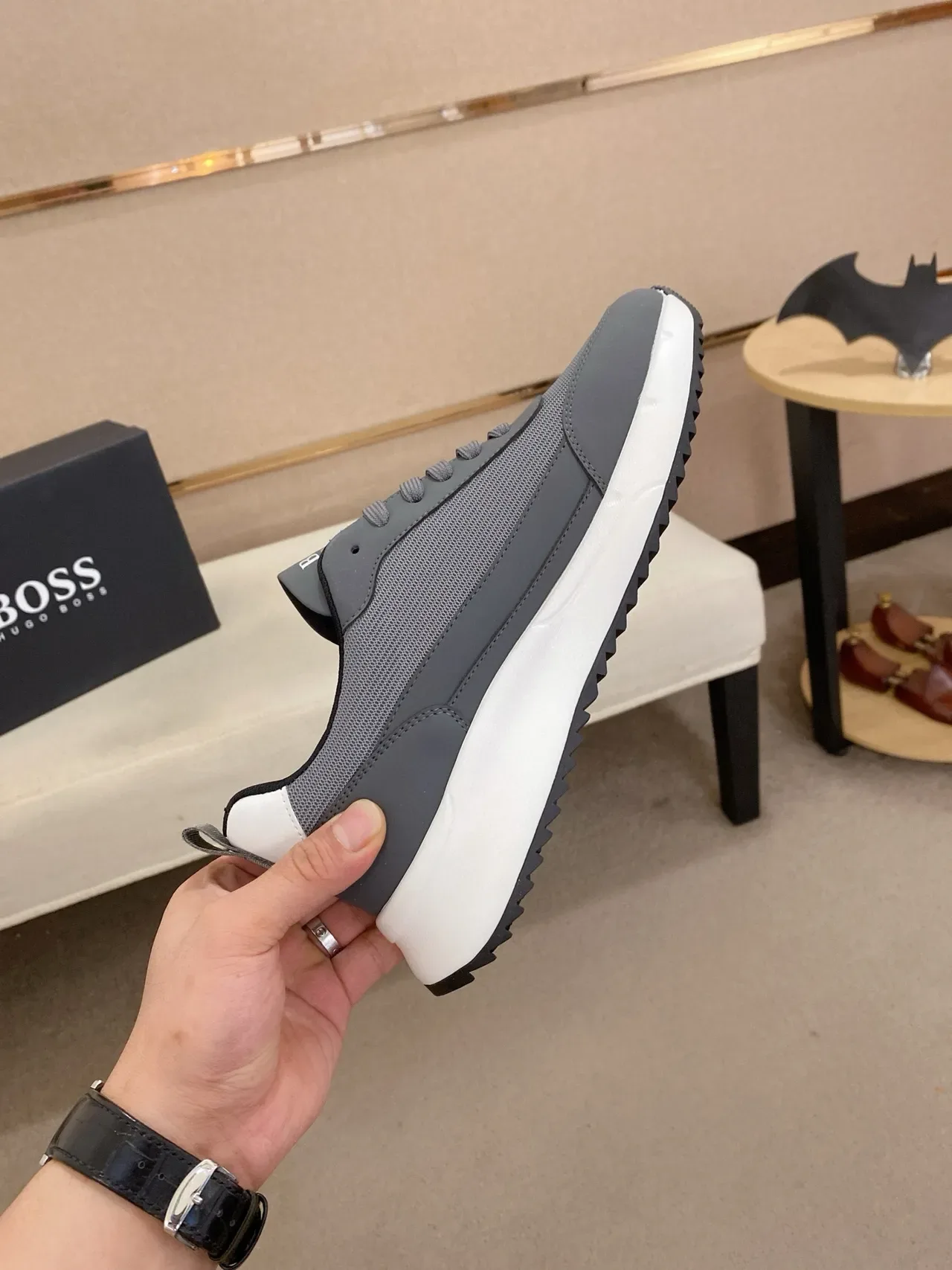 Hugo Boss Gray White parte superior de malha e sintético sola esculpida tênis lifestyle 5