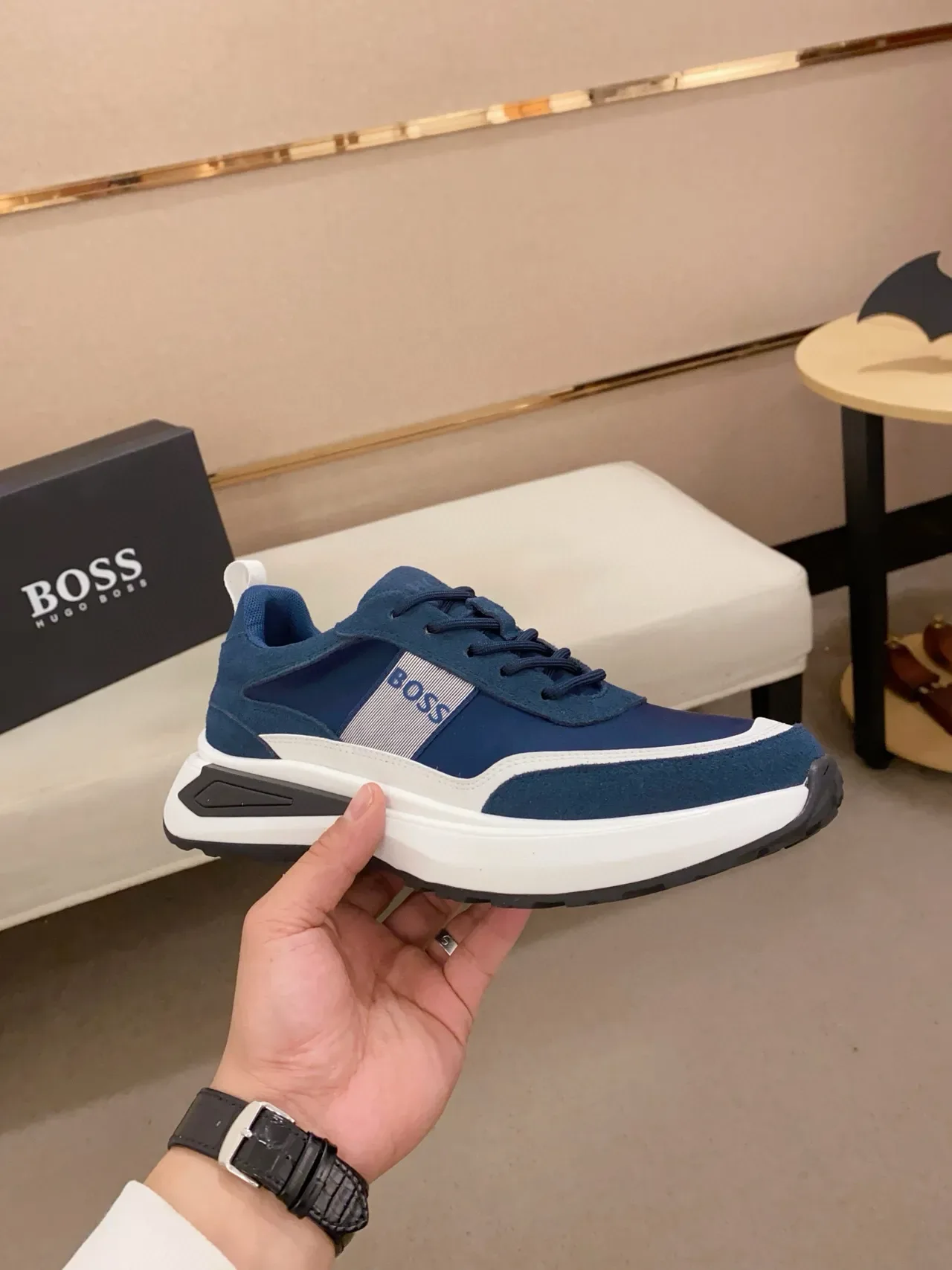 Hugo Boss Navy White Blue Daim et tissu avec rayure contrastée sneakers lifestyle 4