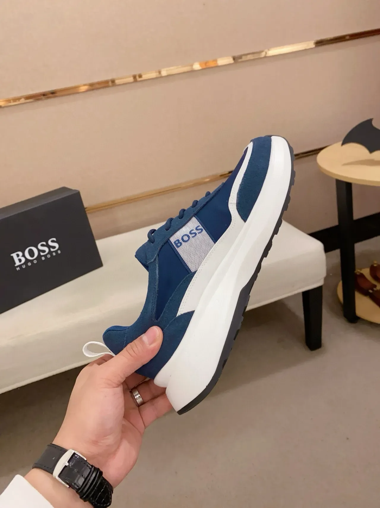 Hugo Boss Navy White Blue Daim et tissu avec rayure contrastée sneakers lifestyle 5