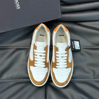 Hugo Boss White Brown Two-Tone Suede And Leather Upper Contrast Orange Heel Tab Lifestyle Sneakers