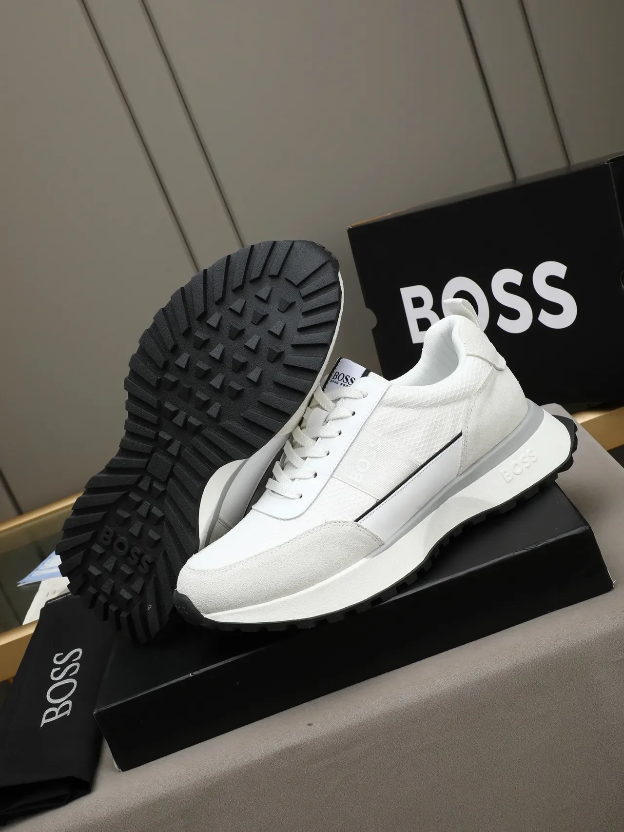 Hugo Boss White Gray Suede And Mesh Upper Layered Panel Construction Sneakers 4