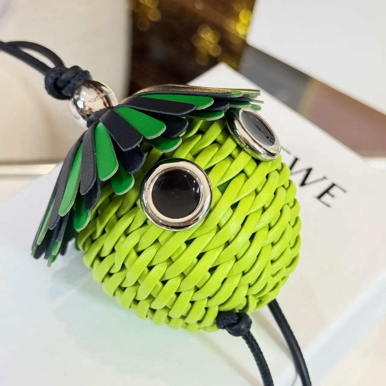 Loewe Green Black Woven Lime Sphere Fringed Cap Handbag 2