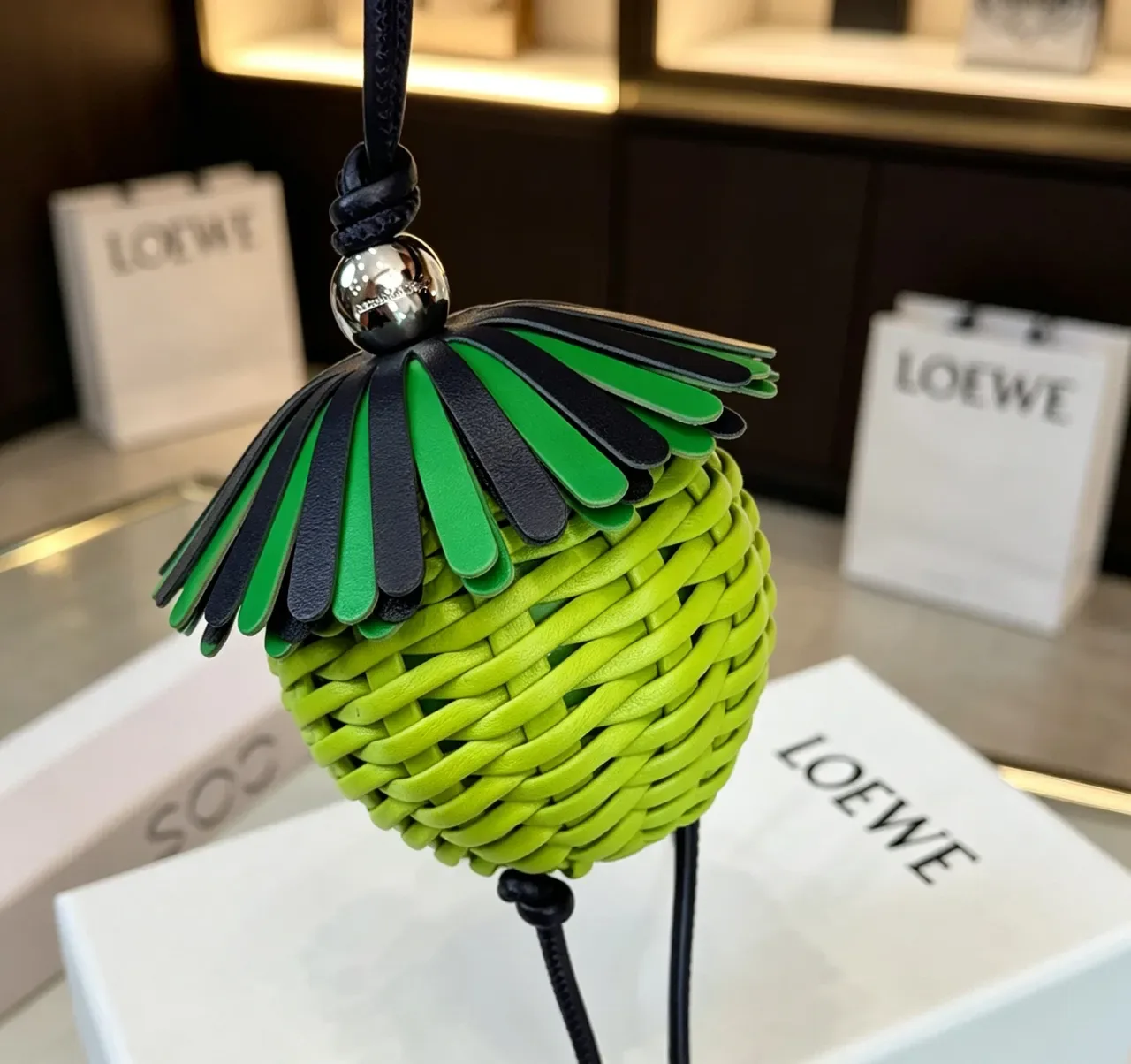 Loewe Green Black Woven Lime Sphere Fringed Cap Handbag 5