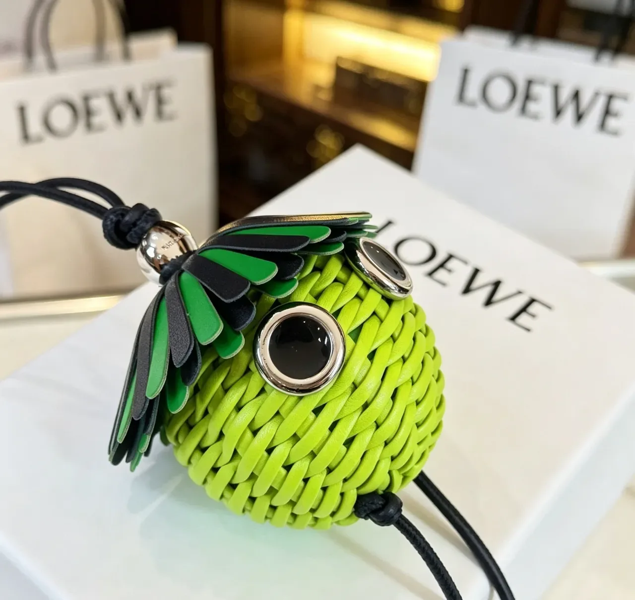 Loewe Green Black Woven Lime Sphere Fringed Cap Handbag 6