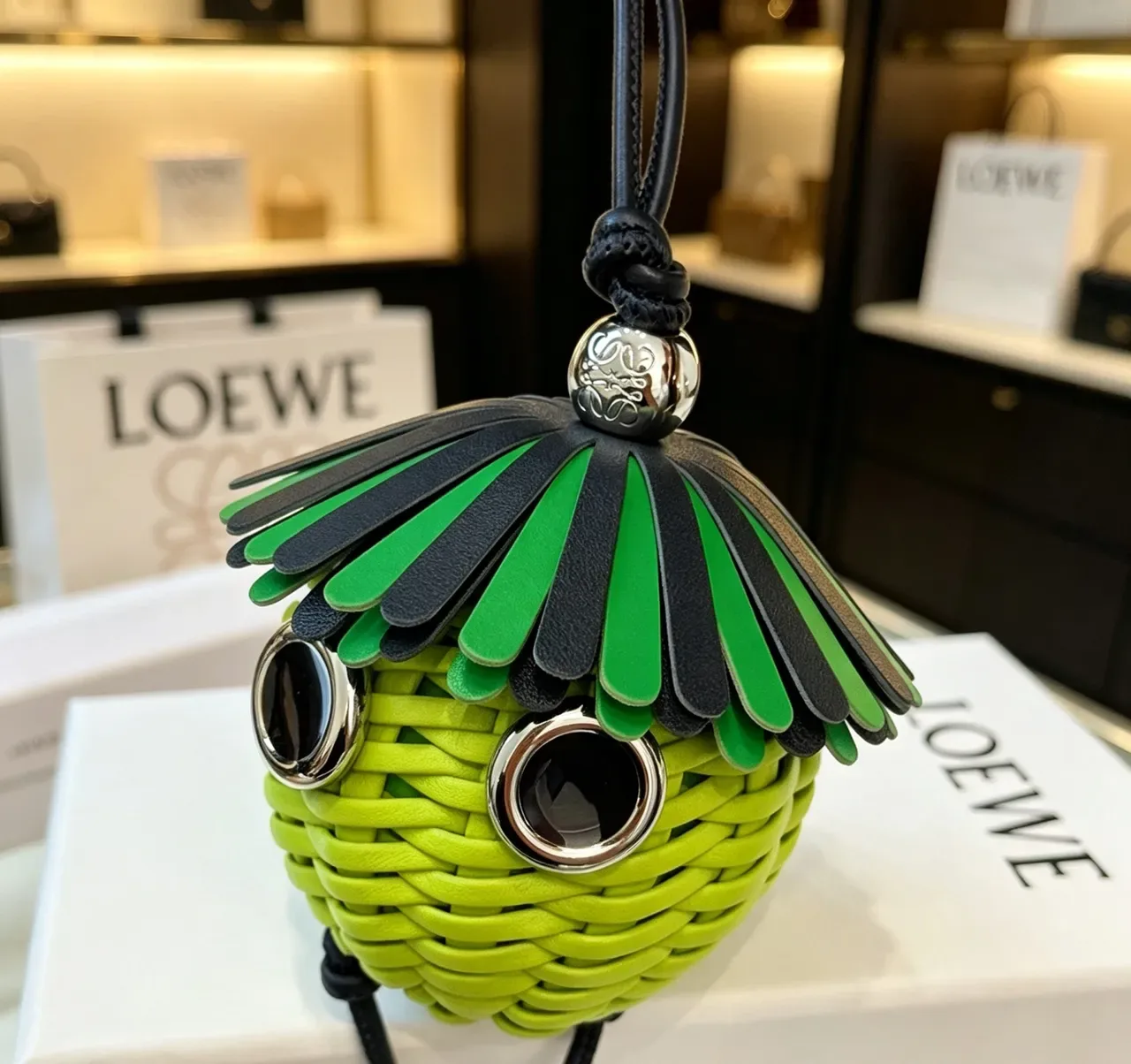 Loewe Green Black Woven Lime Sphere Fringed Cap Handbag 7