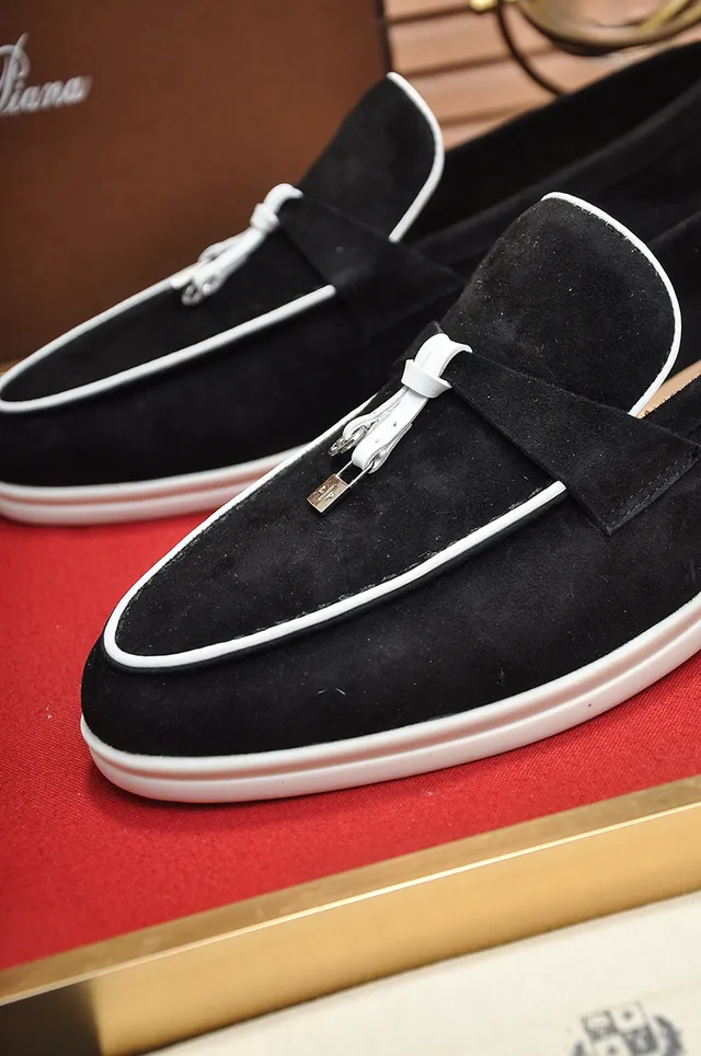 Loro Piana Mocassin Noir et Blanc en Daim avec piping 3