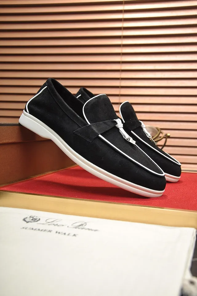 Loro Piana Mocassin Noir et Blanc en Daim avec piping 8