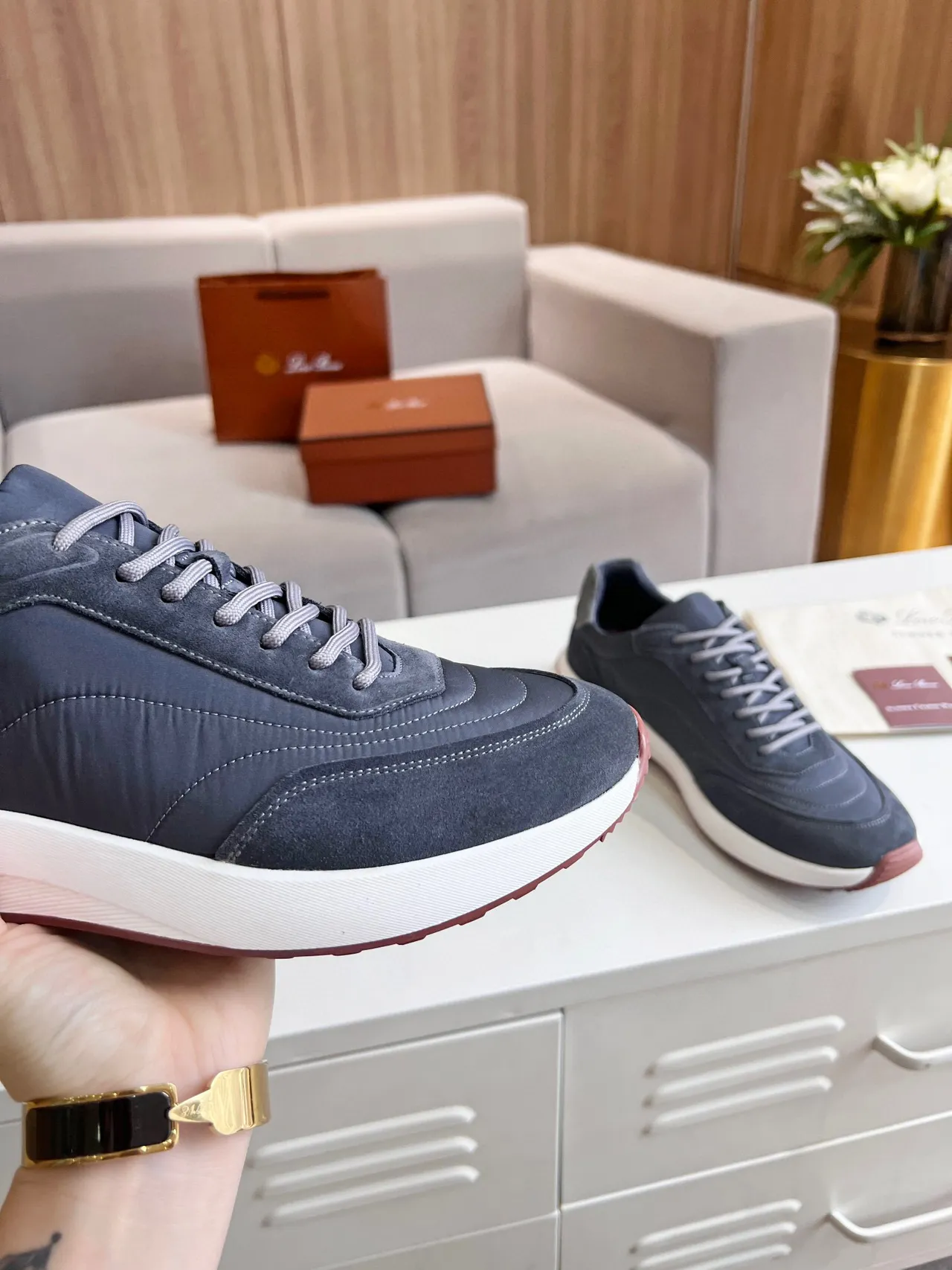 Loro Piana Tênis Lifestyle de Camurça e Nylon Cinza 6