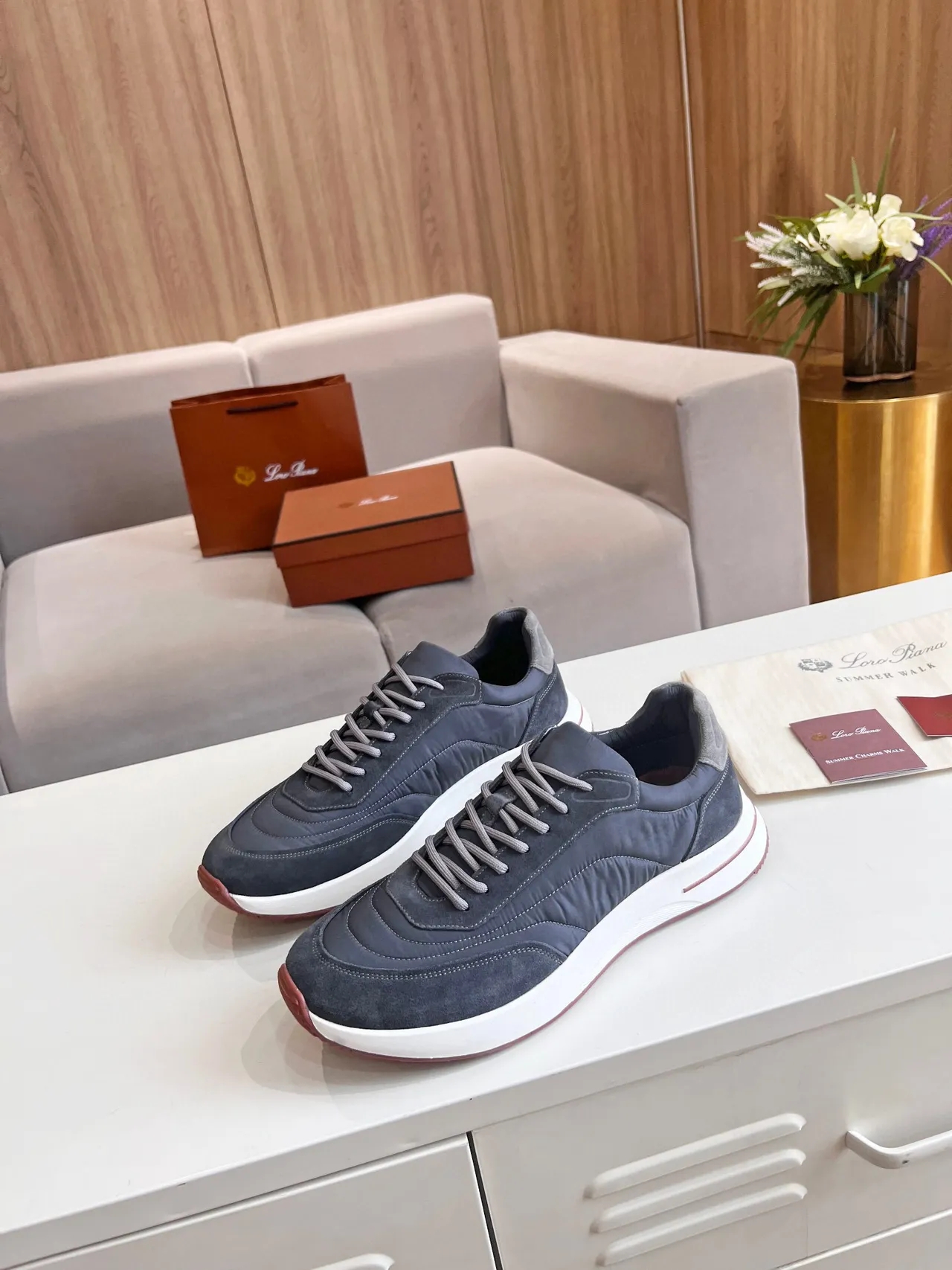 Loro Piana Tênis Lifestyle de Camurça e Nylon Cinza 7