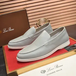 Loro Piana Gray White Moc-Toe Stitching Penny Style Loafer
