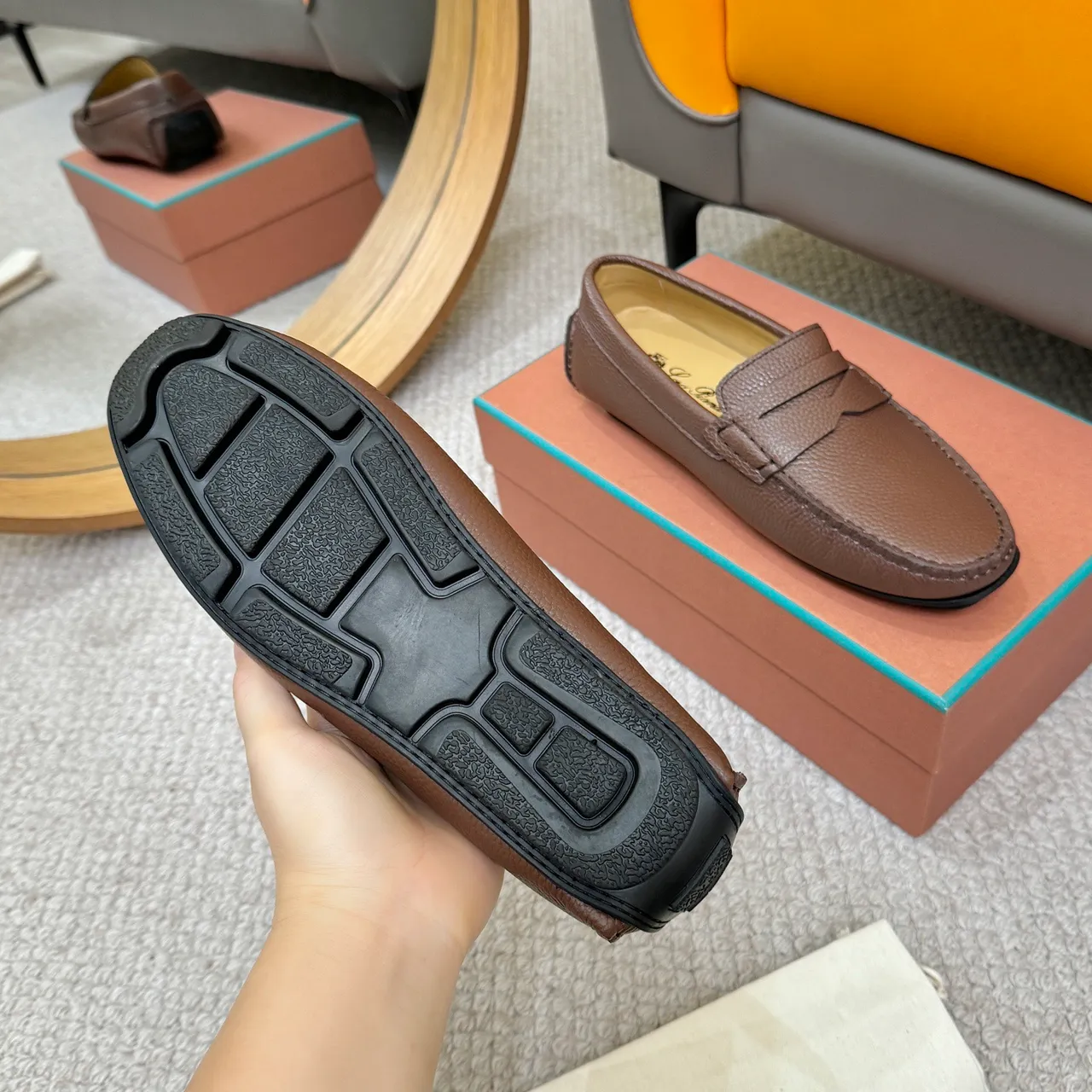 Loro Piana LP DOTS WALK Marron Cuir Pebbled Mocassin 7