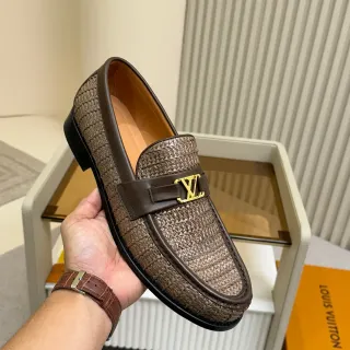 Louis Vuitton बेज ब्राउन बुनावट रफिया ऊपरी लेदर ट्रिम लोफर