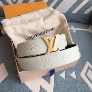 Louis Vuitton Beige Gold Embossed Monogram LV Buckle Leather Belt