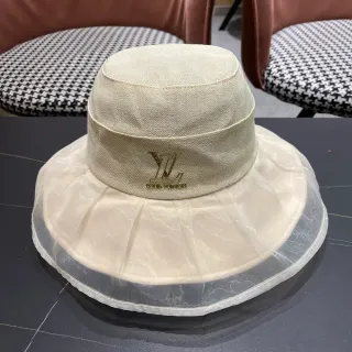 Louis Vuitton Beige Gold Structured Crown Sheer Organza Ruffle Brim Bucket Hat