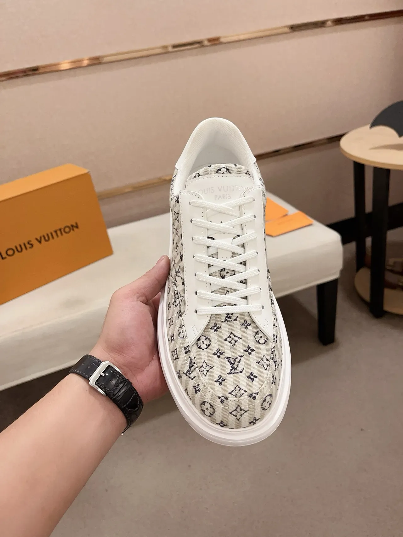 Louis Vuitton Beige White Monogram Canvas Leather Overlays Lifestyle Sneakers 5