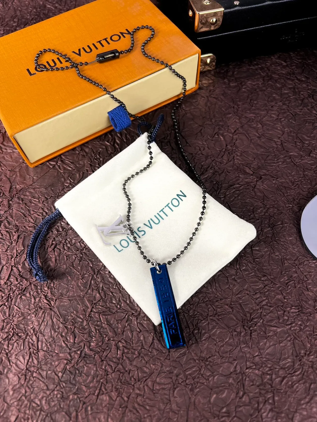 Louis Vuitton Black Blue Ball Chain Dual Pendant Necklace 5