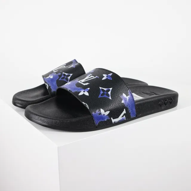 Louis Vuitton Black Blue Monogram-Print Strap Molded Rubber Sole Slippers 2