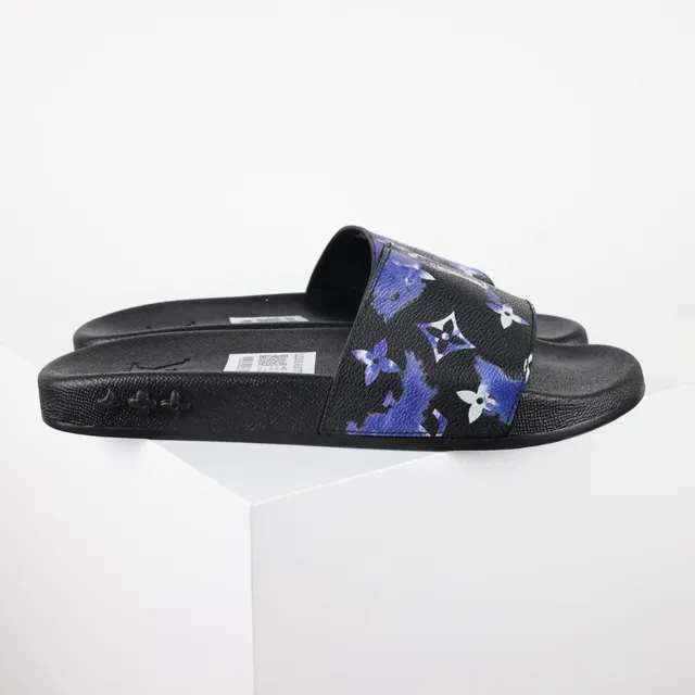 Louis Vuitton Black Blue Monogram-Print Strap Molded Rubber Sole Slippers 3