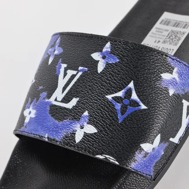 Louis Vuitton Black Blue Monogram-Print Strap Molded Rubber Sole Slippers 6