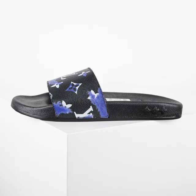 Louis Vuitton Black Blue Monogram-Print Strap Molded Rubber Sole Slippers 9
