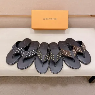 Louis Vuitton Black Brown Monogrammed Strap Embossed LV Logo Slippers