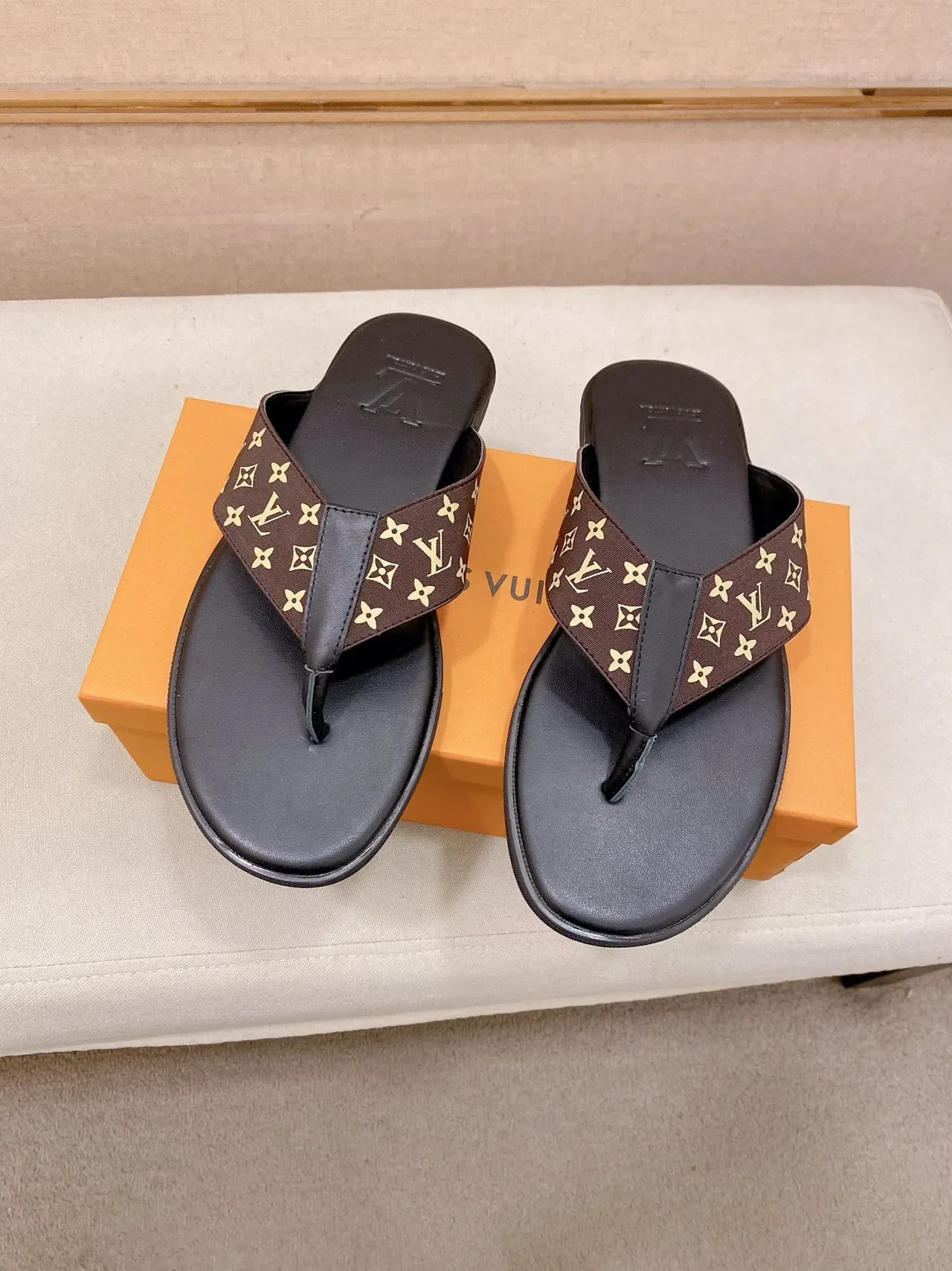 Louis Vuitton Black Brown Monogrammed Strap Embossed LV Logo Slippers 3