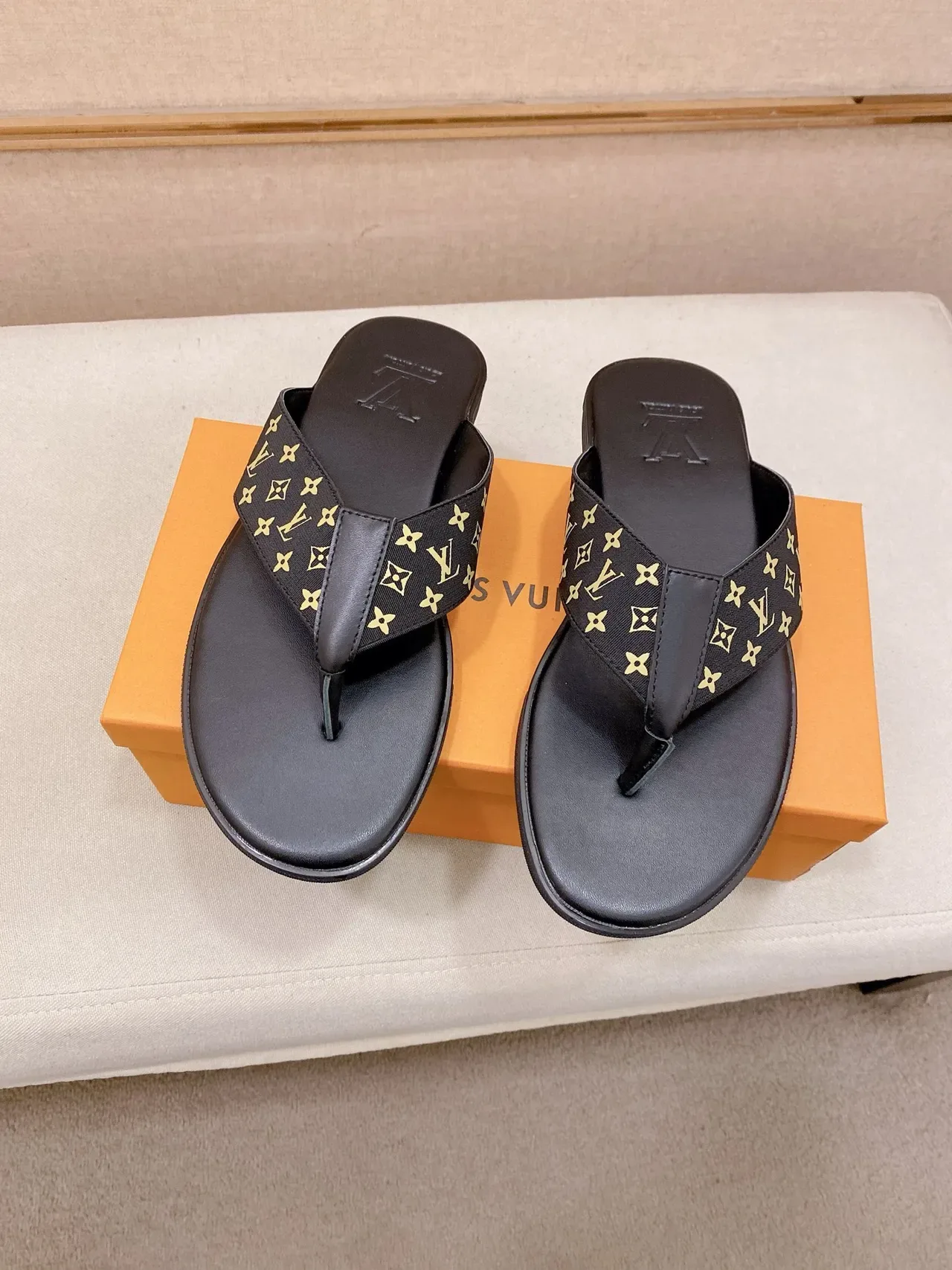 Louis Vuitton Black Brown Monogrammed Strap Embossed LV Logo Slippers 4