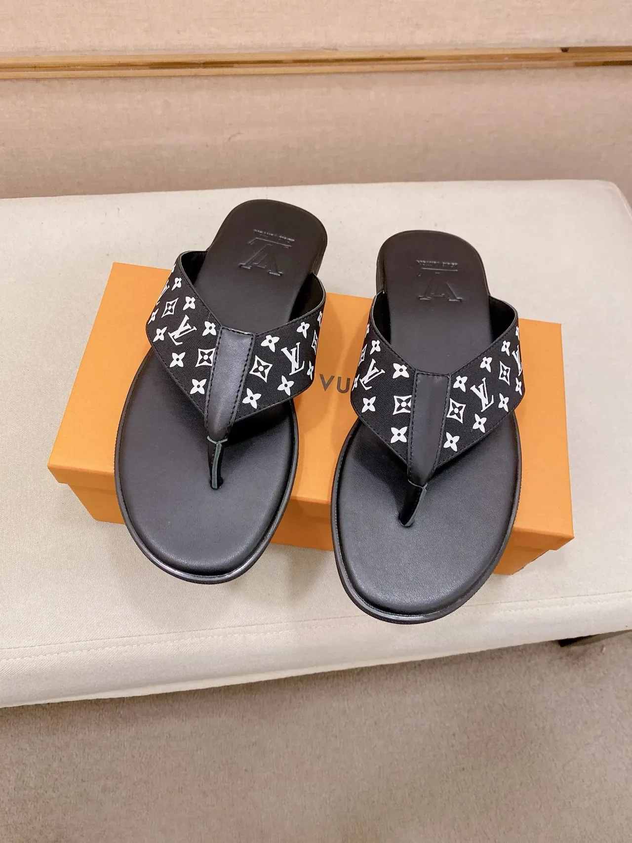 Louis Vuitton Black Brown Monogrammed Strap Embossed LV Logo Slippers 5