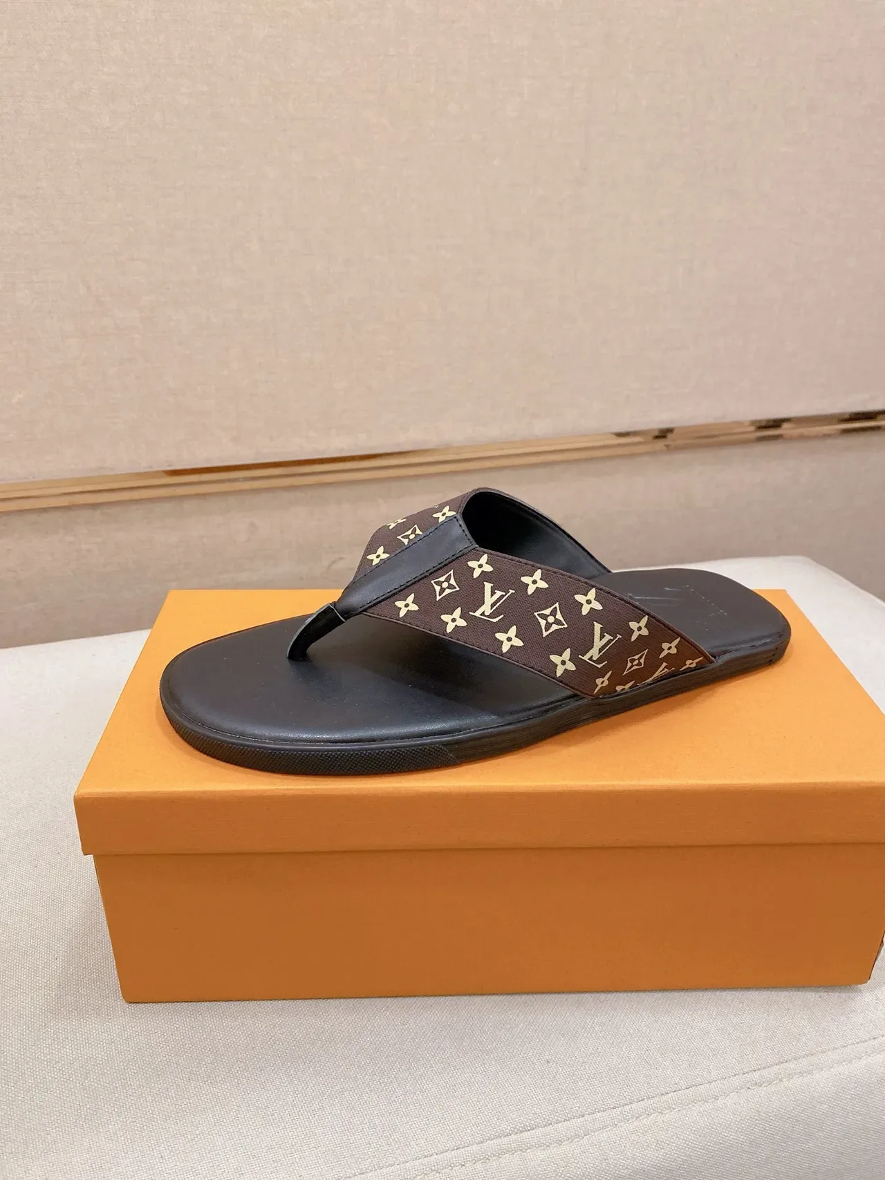 Louis Vuitton Black Brown Monogrammed Strap Embossed LV Logo Slippers 6