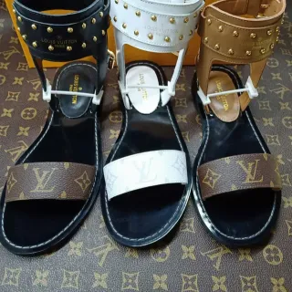 Louis Vuitton Black Brown Studded Ankle Cuff Monogrammed Footbed Strap Gladiator Sandals