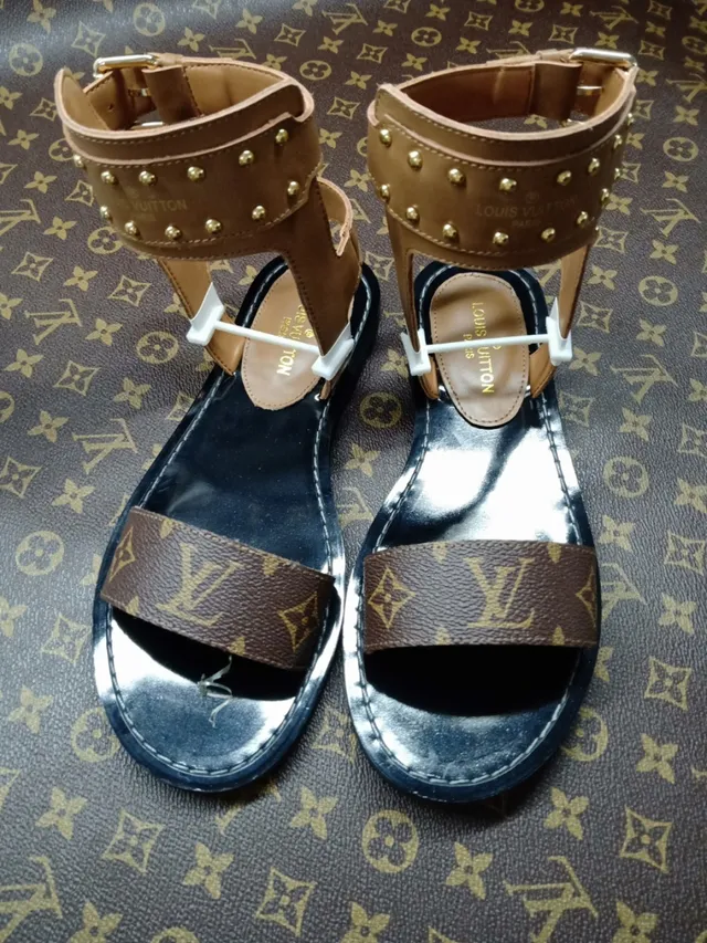 Louis Vuitton Black Brown Studded Ankle Cuff Monogrammed Footbed Strap Gladiator Sandals 4