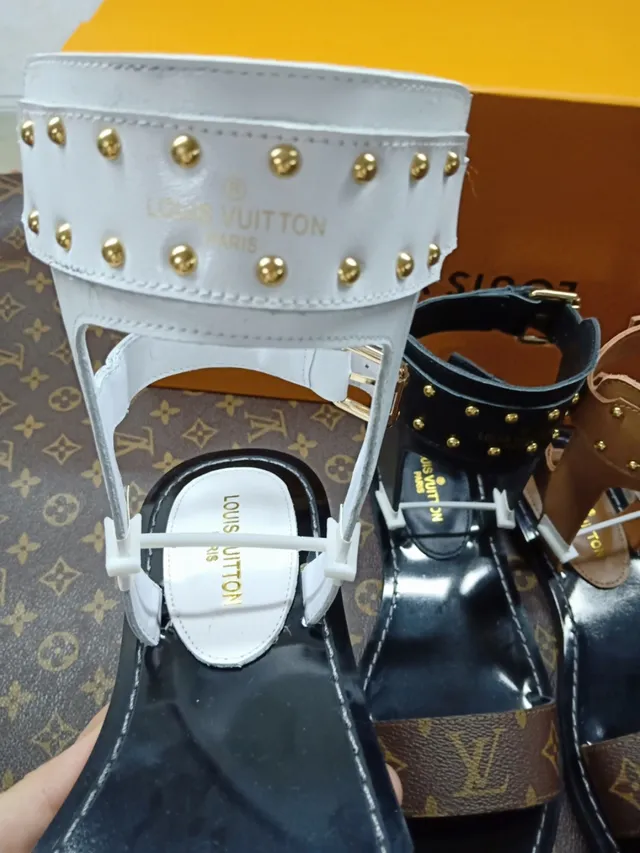 Louis Vuitton Black Brown Studded Ankle Cuff Monogrammed Footbed Strap Gladiator Sandals 5