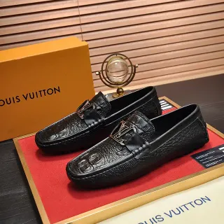 Louis Vuitton 黑色金色鳄鱼压纹皮革金属LV扣带乐福鞋
