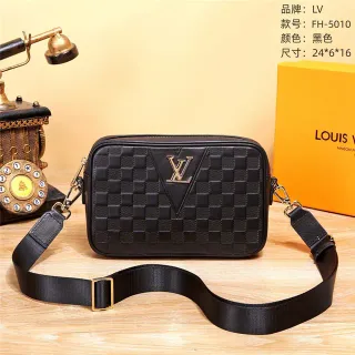 Louis Vuitton Black Gold Quilted Checkerboard Leather Triangular LV Logo Plaque Messenger Bag
