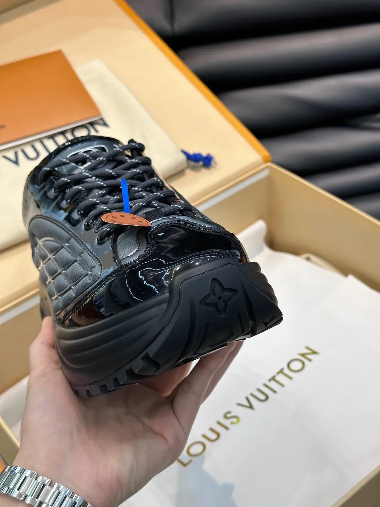 Louis Vuitton Black Gray Glossy Patent Geometric Overlay Detailing Lifestyle Sneakers 4